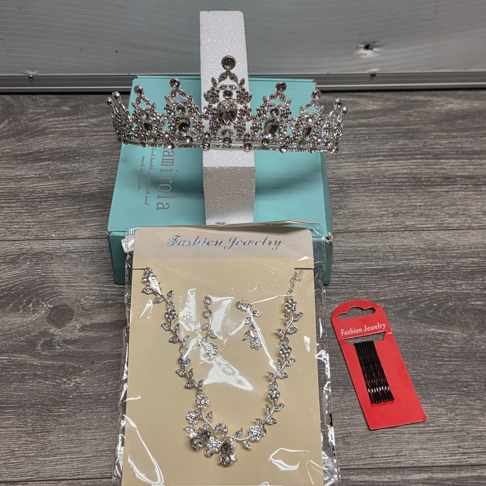 Kamirola Silver Rhinestone Tiara Necklace Earrings Set Bridal Wedding Prom Crown